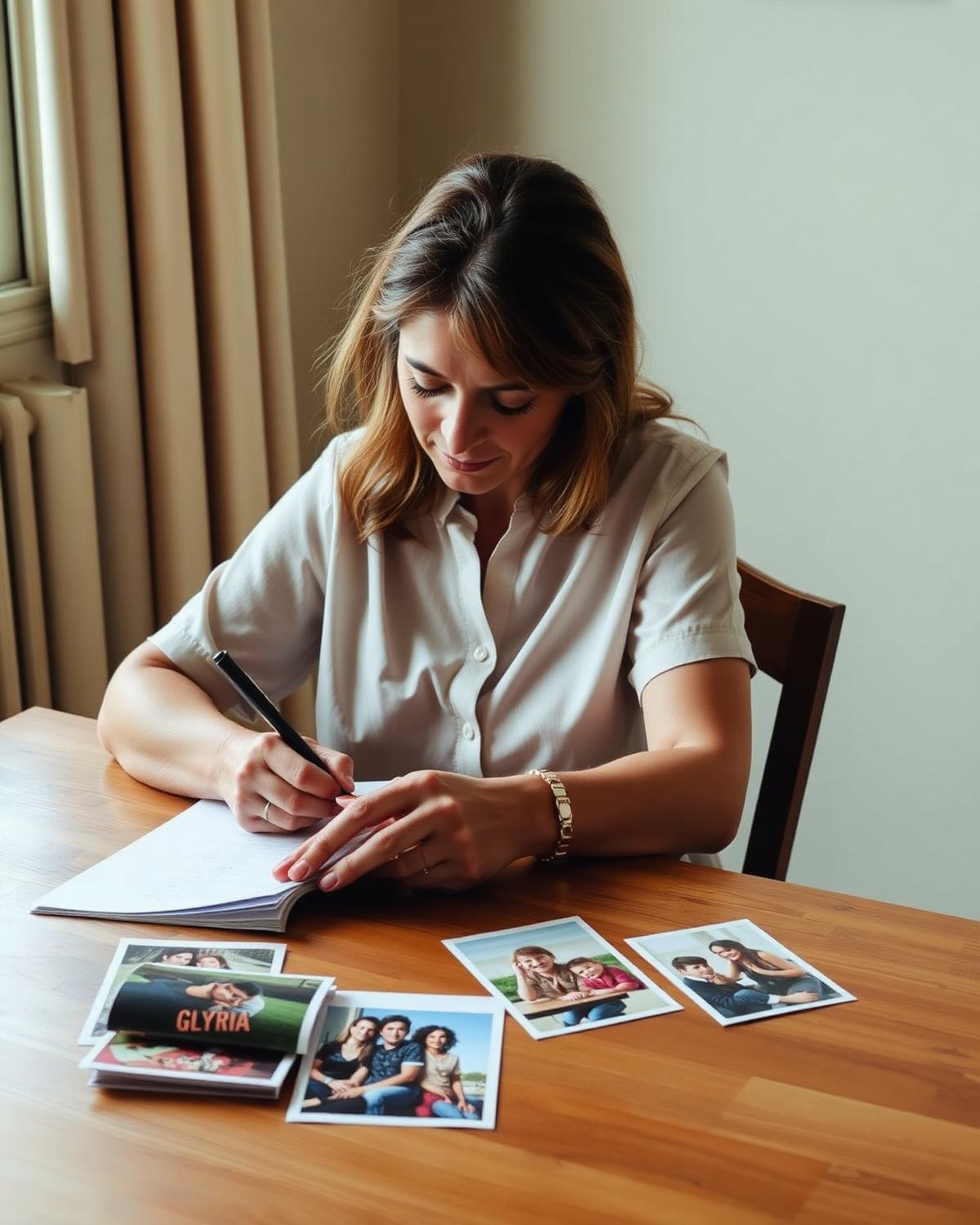 Professora escrevendo uma carta enquanto observa fotografias das crianças.